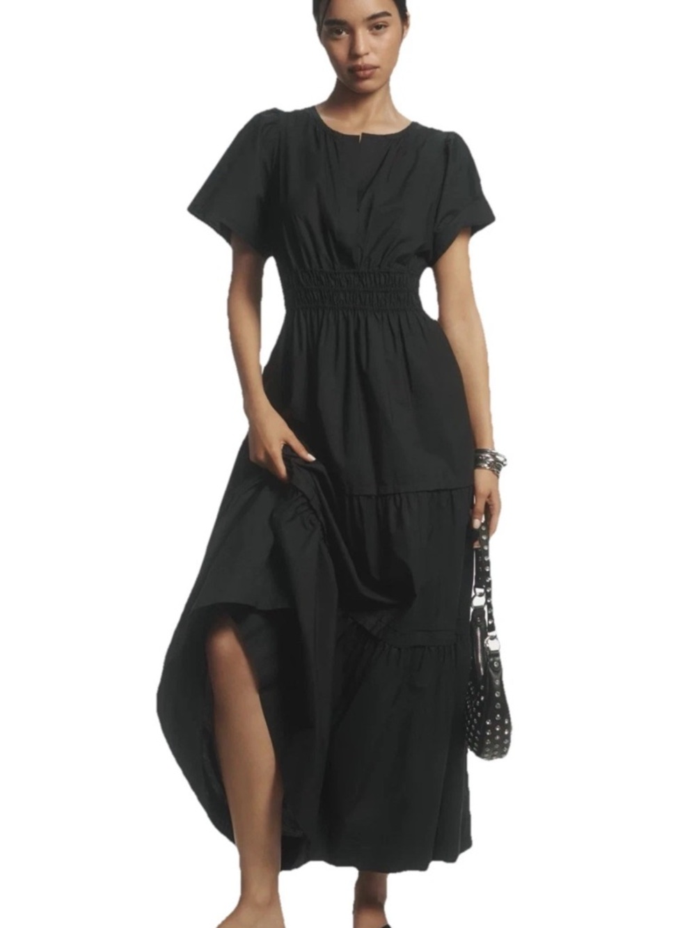 Anthropologie Somerset Black Smocked-Waist Tiered Maxi Dress - XL Petite